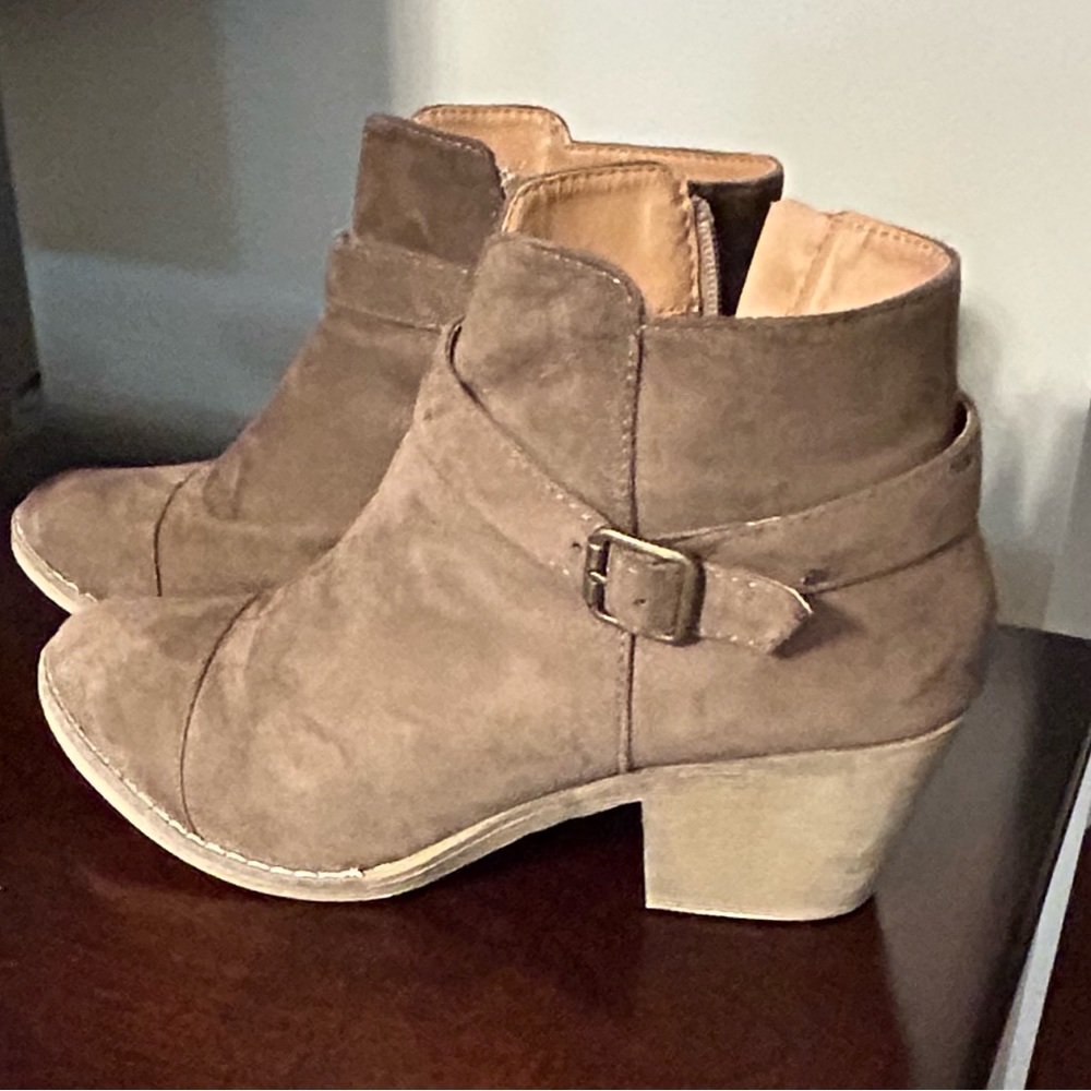 Tan suede booties with inside zip. Size 9